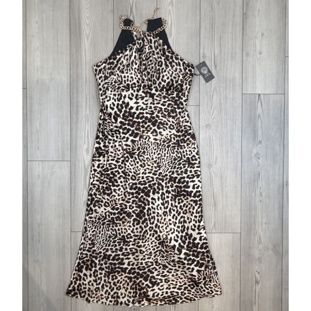 NWT Vince Camuto Multicolor Chain Halter‎ Neck Leopard Satin Midi Dress Size 10